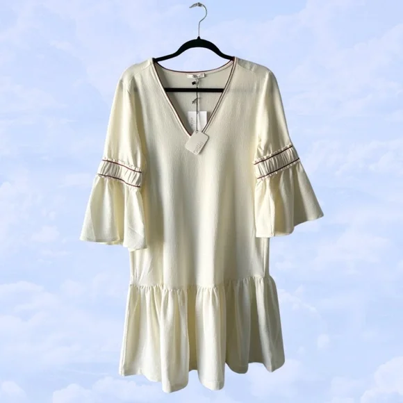 Ganni Sale! NWT Cream Dress Bell Sleeve Drop Waist Midi Clark Dress 36 Medium - Picture 3 of 6